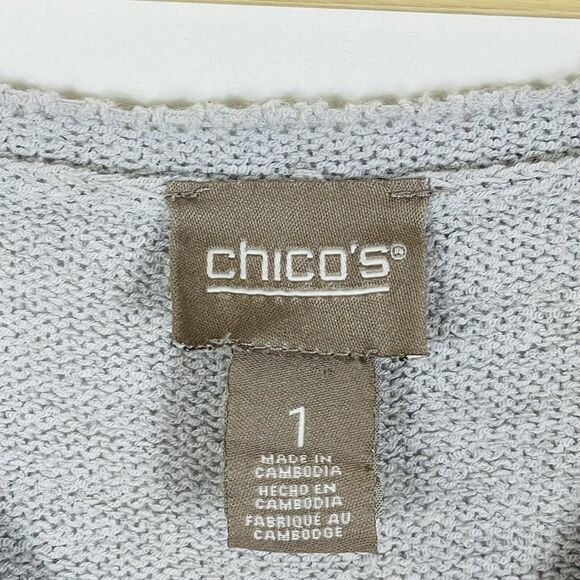 Chico's White Grey Purple Stripe 3/4 Sleeve‎ Nubby Knit Sweater Womens 1 Medium - Picture 6 of 7